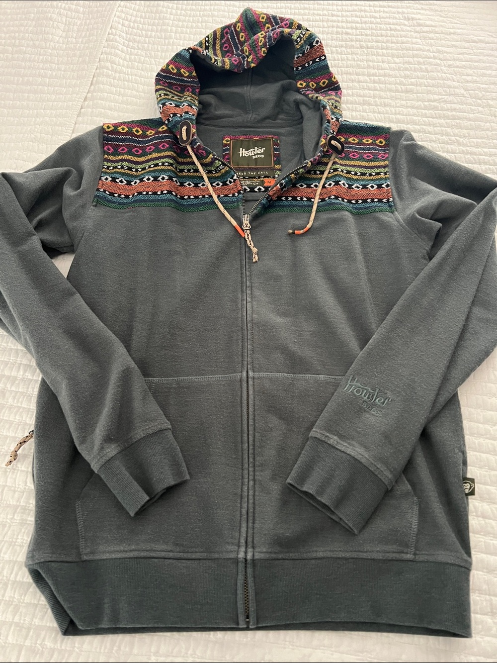 Howler Brothers Charcoal Zip-Up Hoodie with Multicolor Patterned Hood Trim